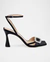 Badgley Mischka Judith Crystal Buckle Silk Ankle-strap Sandals In Black Satin