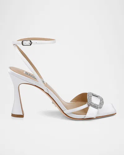 Badgley Mischka Judith Crystal Buckle Silk Ankle-strap Sandals In White Crepe