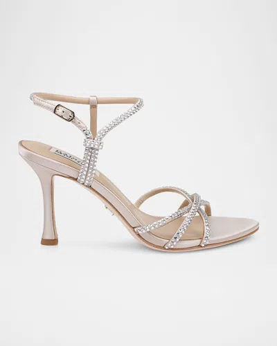 Badgley Mischka Julietta Silk Crystal Strappy Sandals In Nude Satin