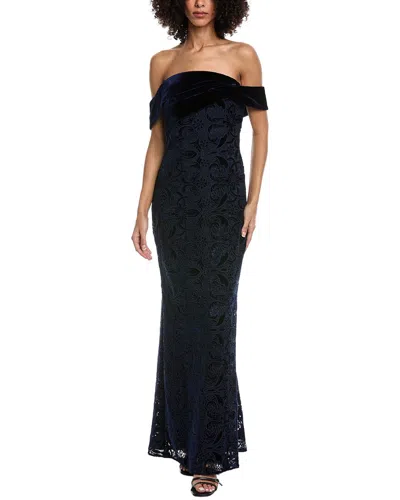 Badgley Mischka Velvet-paneled Guipure Lace Gown In Blue
