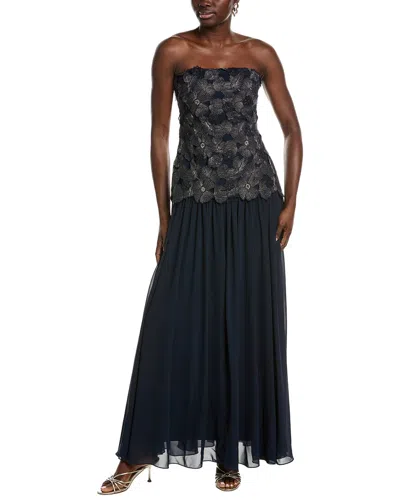 Badgley Mischka Strapless Metallic Guipure Lace And Chiffon Gown In Black