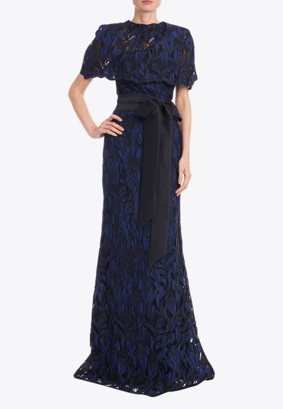 Badgley Mischka Lace Overlay Capelet A-line Gown In Blue