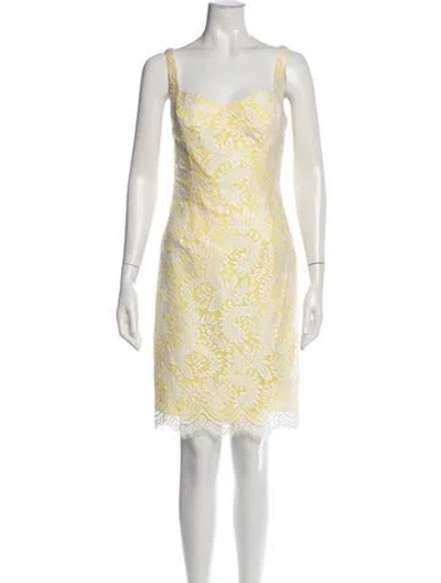 Pre-owned Badgley Mischka Lace Pattern Knee-length Dress In Yellow