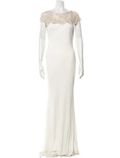 Pre-owned Badgley Mischka Lace Pattern Long Dress In Neutrals
