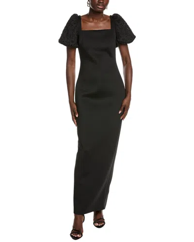 Badgley Mischka Laser Pearl Sleeve Gown In Black