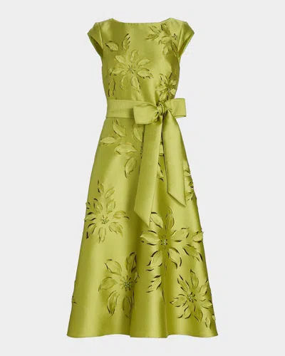 Badgley Mischka Laser-cut Floral-embroidered Tie-waist Midi Dress In Green