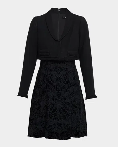 Badgley Mischka Layered Tweed & Velvet Lace Mini Dress In Black