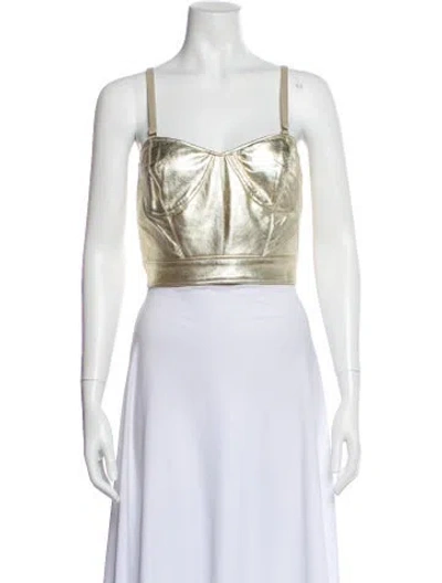 Pre-owned Badgley Mischka Leather Square Neckline Crop Top In White