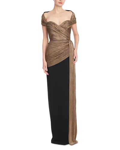 Badgley Mischka Draped Sweetheart Metallic Lame Column Gown In Gold