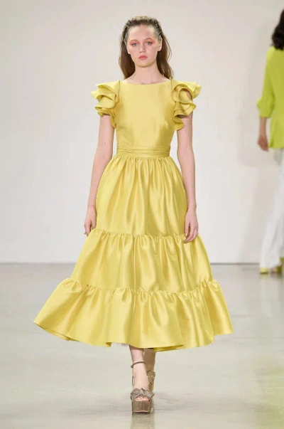 Badgley Mischka Mikado Tiered A-line Midi Dress In Yellow