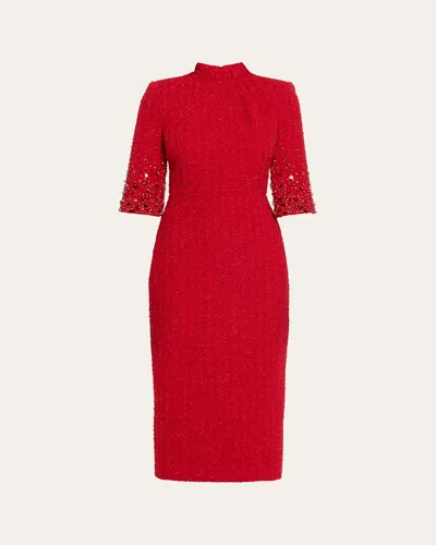 Badgley Mischka Mock-neck Beaded Shimmer Tweed Midi Dress In Red
