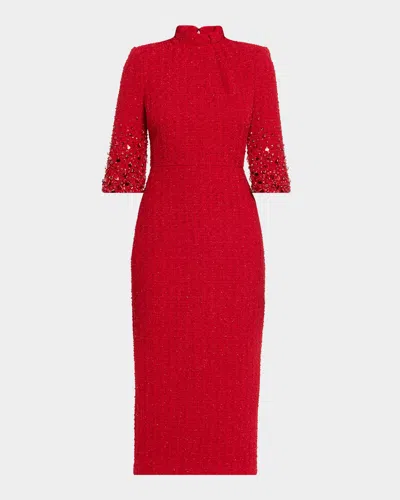 Badgley Mischka Mock-neck Beaded Shimmer Tweed Midi Dress In Red