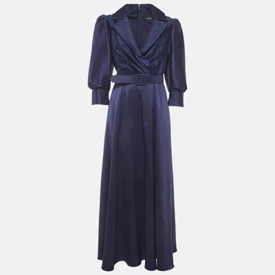 Badgley Mischka Navy Blue Twill Belted Collared Gown
