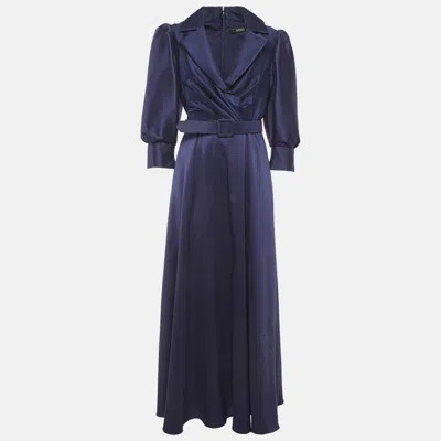 Pre-owned Badgley Mischka Navy Blue Twill Belted Collared Gown M