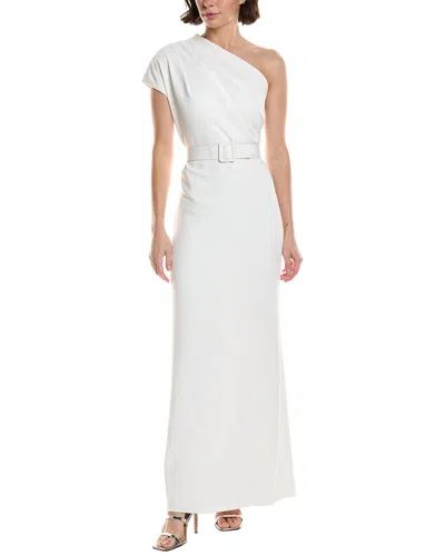 Badgley Mischka One-shoulder Belted Crepe Gown In White