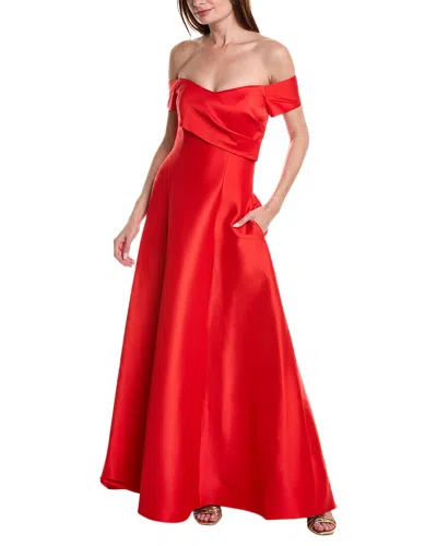Badgley Mischka Off-shoulder Pleated A-line Gown In Red