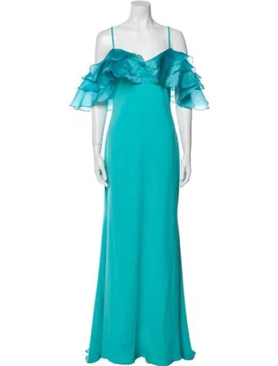Pre-owned Badgley Mischka Off-the-shoulder Long Dress In Blue