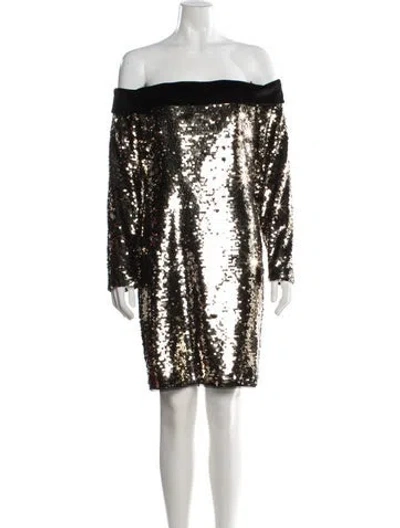 Pre-owned Badgley Mischka Off-the-shoulder Mini Dress In Gold