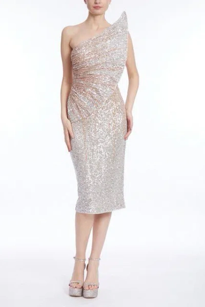 Badgley Mischka Ombre Sequined Dress With Asymmetrical Pleat Fan In Brown