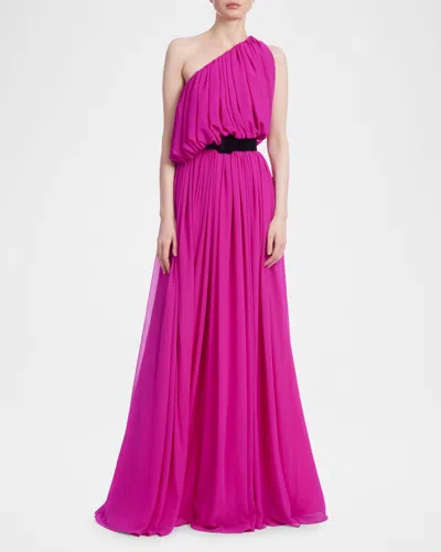 Badgley Mischka One-shoulder Belted Georgette Gown In Pink