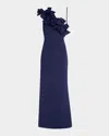 Badgley Mischka One-shoulder Bow Ruffle Scuba Gown In Navy