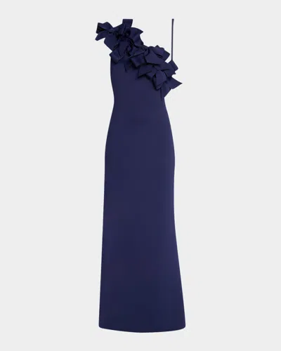 Badgley Mischka One-shoulder Bow Ruffle Scuba Gown In Navy