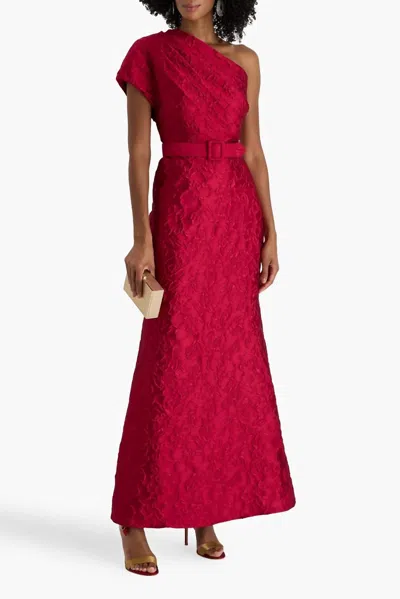 Badgley Mischka One Shoulder Draped Cloqué Evening Gown In Ruby In Red