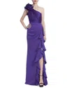 Badgley Mischka One Shoulder Rose Gown With Ruffled Bodice In Purple