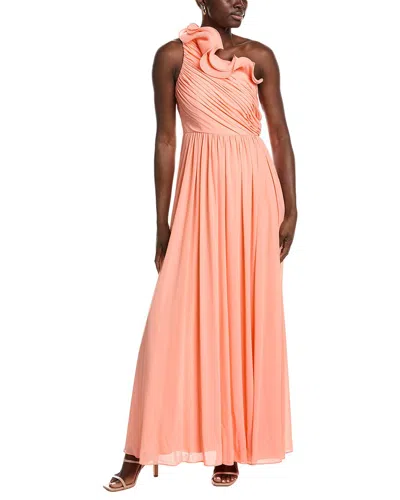 Badgley Mischka One Shoulder Ruffle Gown In Pink