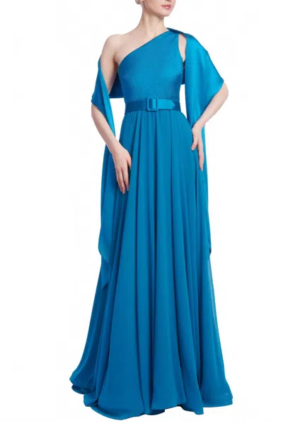 Badgley Mischka One Shoulder Trapunto Dress In Prussian Blue