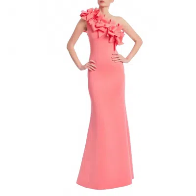 Badgley Mischka One Shoulder With Bows Prom Gown In Coral In Pink