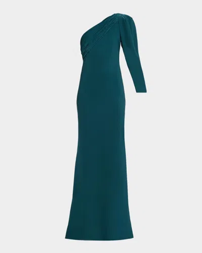 Badgley Mischka One-shoulder Draped Mermaid Gown In Green