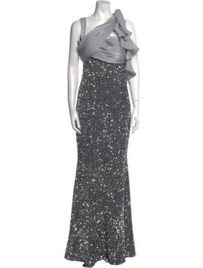 Pre-owned Badgley Mischka One-shoulder Long Dress In Gray