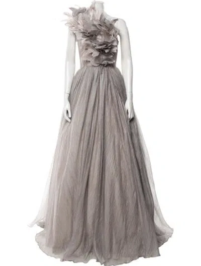 Pre-owned Badgley Mischka One-shoulder Long Dress In Grey