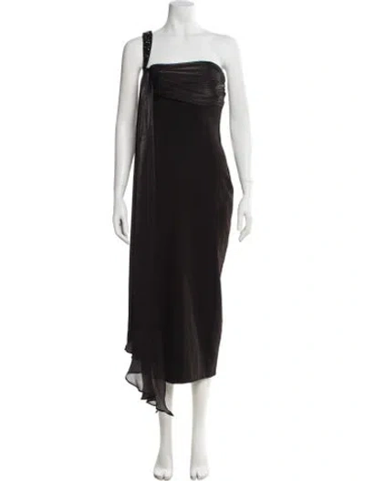 Pre-owned Badgley Mischka One-shoulder Midi Length Dress In Black
