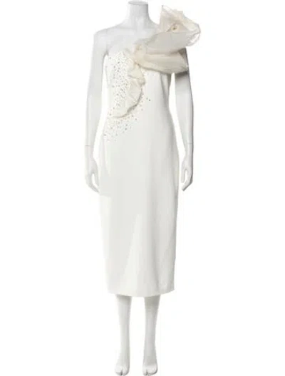 Pre-owned Badgley Mischka One-shoulder Midi Length Dress In White
