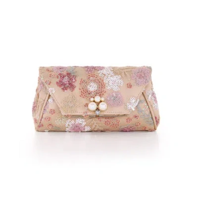 Badgley Mischka Ophelia Floral Sequin With Pearl Brooch Clutch In Gold