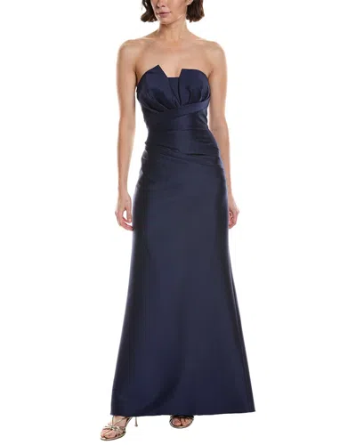 Badgley Mischka Strapless Pleated Satin-twill Gown In Blue