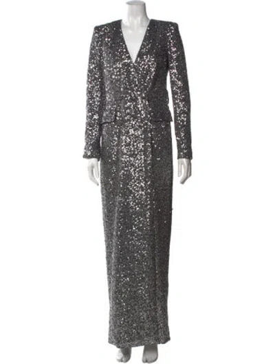 Pre-owned Badgley Mischka Patterned Long Dress In Grey/metallic