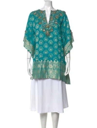 Pre-owned Badgley Mischka Patterned V-neck Tunic In Blue