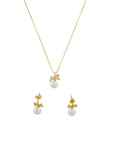 Pre-owned Badgley Mischka Pearl & Cubic Zirconia Bow Drop Earring & Pendant Necklace Set In Multi