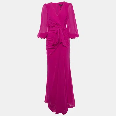 Pre-owned Badgley Mischka Pink Chiffon Wrap-effect Draped Maxi Dress M