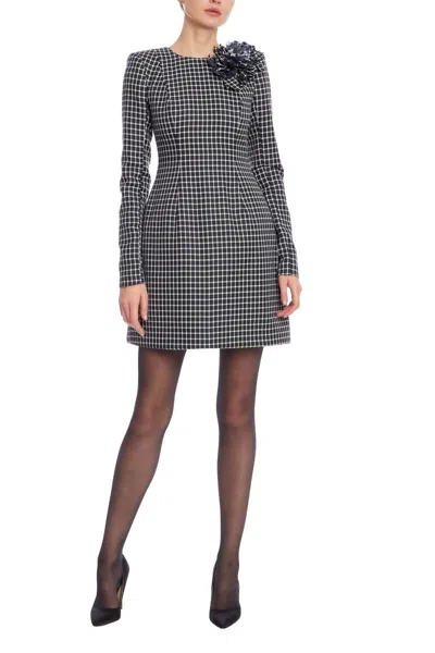 Badgley Mischka Plaid Long Sleeve Floral Mini Dress In Ivory/navy In Black
