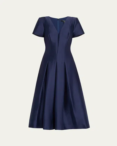 Badgley Mischka Pleated A-line Midi Dress In Blue