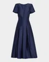 Badgley Mischka Pleated A-line Midi Dress In Navy