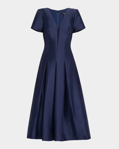 Badgley Mischka Pleated A-line Midi Dress In Navy