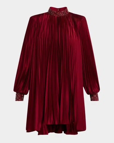 Badgley Mischka Pleated Bead-embellished Mini Dress In Red
