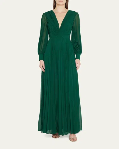 Badgley Mischka Pleated Blouson-sleeve Deep V-neck Gown In Green