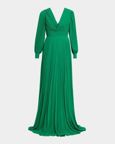 Badgley Mischka Pleated Blouson-sleeve Georgette Gown In Green