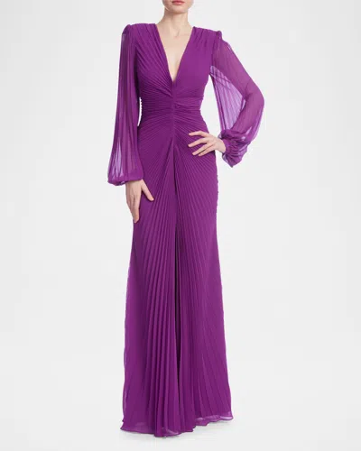 Badgley Mischka Pleated Deep V-neck Gown In Purple